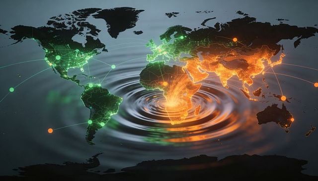 Connecting continents with ripple network map highlighting global data flow and analytics