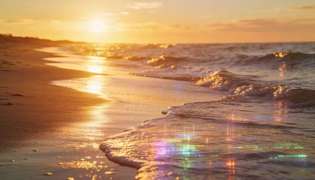 Golden sunset reflecting on wet sand with prism sparkles, foamy surf, tranquil coastline