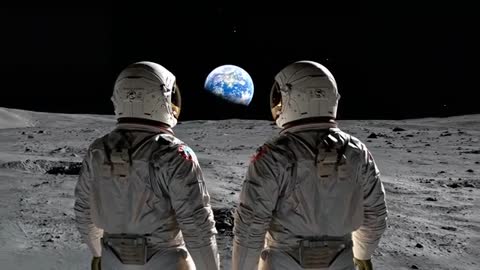 Two astronauts standing on lunar surface watching Earth rising over cratered horizon wearing helmets