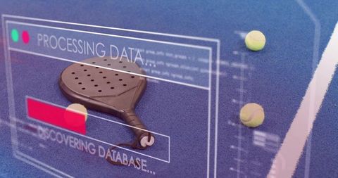 Padel paddle lying on blue court displaying hud overlay processing data and tennis balls
