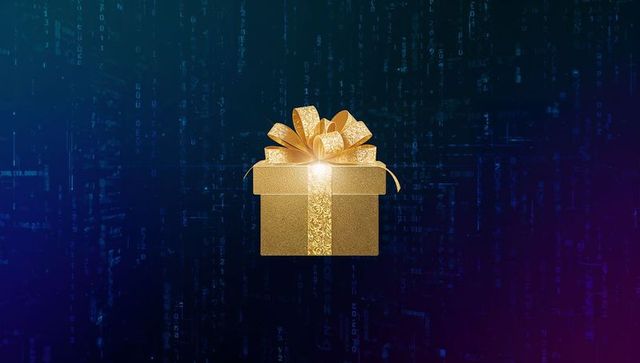 Golden gift box hovering with digital background