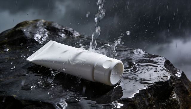 Water splashing on white cosmetic tube resting on wet rock with stormy dramatic lighting