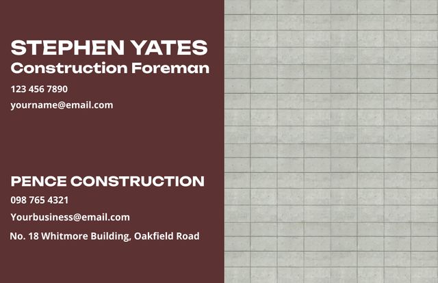 This minimalist business card design features a clean and modern layout, perfect for construction professionals. The left column contains contact information, while the right displays a simple concrete texture, reflecting the industry. Ideal for creating a professional impression in client meetings, networking events, and job sites.