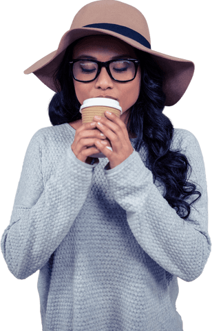 transparent asian woman sipping coffee in stylish hat - Download Free Stock Videos Pikwizard.com