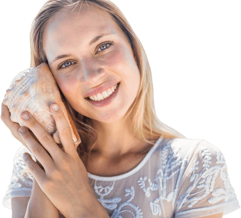 Happy woman holding seashell transparent background