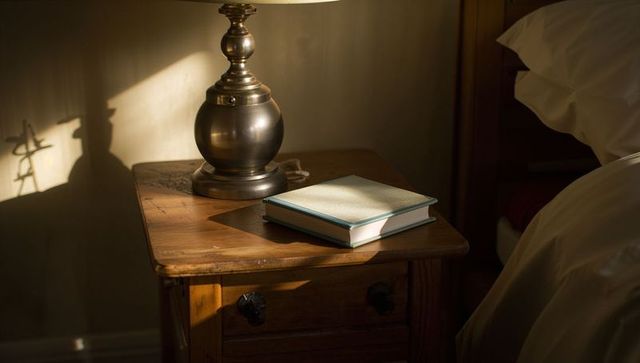 Sunlit wooden nightstand with brass lamp and closed book, warm morning light casting soft shadows