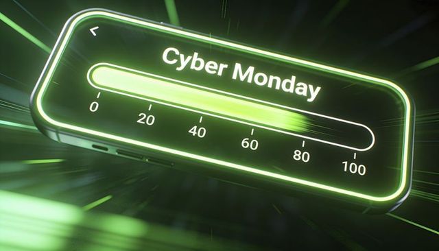 Cyber monday neon progress bar on futuristic mobile interface for online sales
