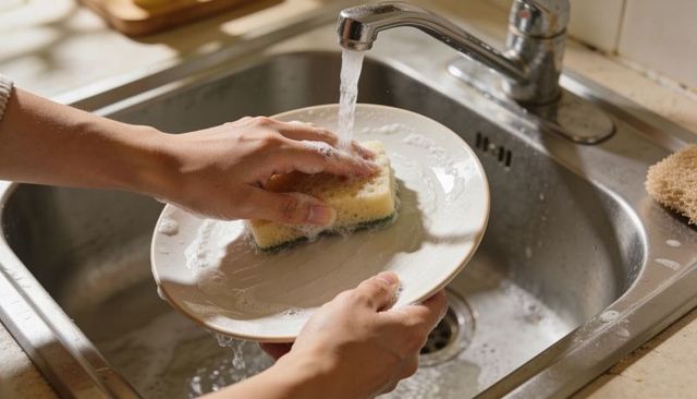 Hand washing plate with sponge at kitchen sink, scrubbing under running faucet
