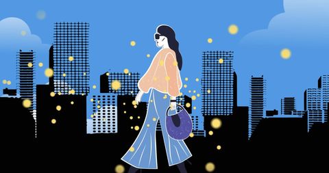 Fashionable model walking through city lights illustration