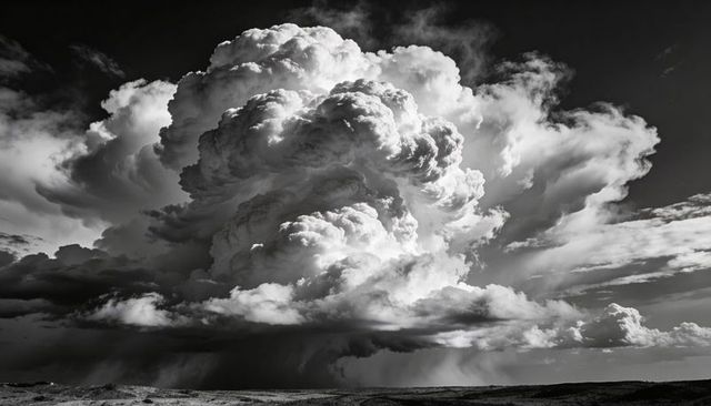 Monochrome cumulonimbus towering over plateau with cauliflower turrets and rain shaft