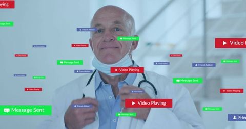 Senior doctor adjusting mask with digital notifications in clinic