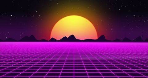 Retro futuristic sunset with neon grid landscape
