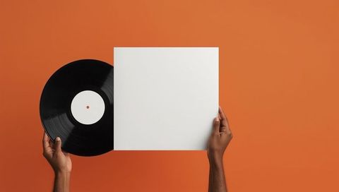 Hands holding vinyl record with blank sleeve against orange background
