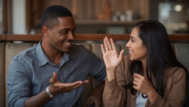 Couple Sharing High-Five in Cozy Coffeehouse Booth Smiling, Connecting Over Warm Coffee