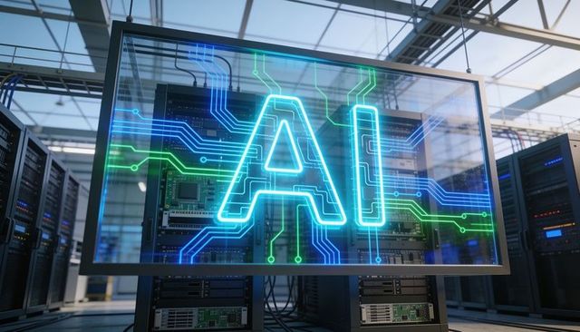Neon ai hologram projecting over server racks in futuristic data center with circuit glow
