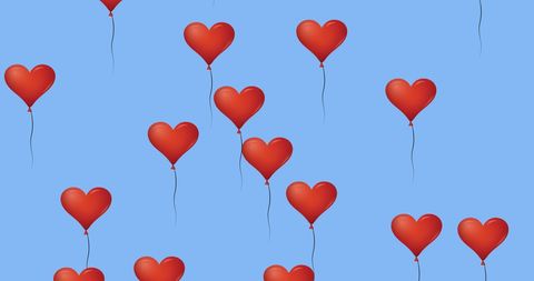 Floating Digital Red Heart Balloons on Blue Background