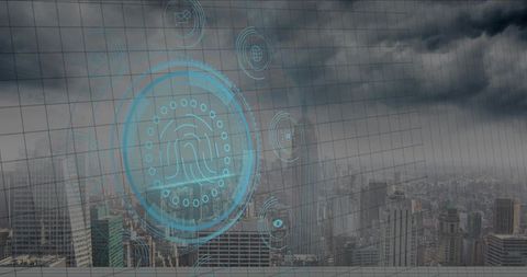 Cyan biometric hologram fingerprint projecting over urban skyline for cybersecurity concept