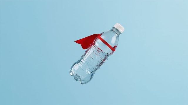 Water bottle with red cape floating in minimalist concept