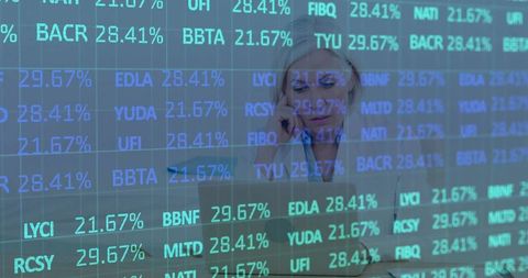 Financial analyst balancing devices with live market data overlay