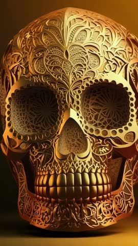 Golden Filigree Skull Rotating Right in Studio Vertical Video with Amber Highlights