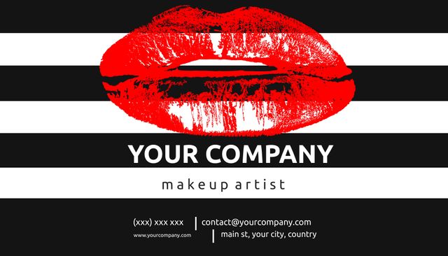 Makeup Artist Business Card with Bold Red Lips and Stripes - Download Free Stock Templates Pikwizard.com