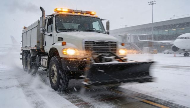 Airport snowplow clearing apron during heavy snowstorm front plow throwing snow spray