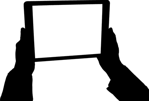 Transparent silhouette of hands holding tablet icon