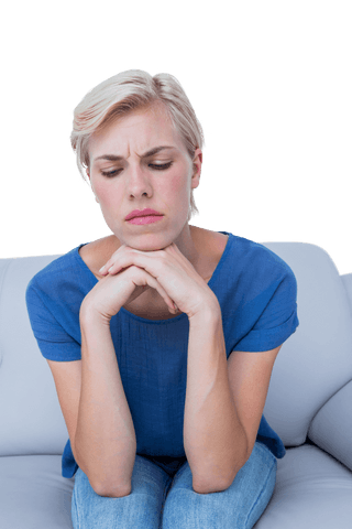 Thoughtful Blond Woman Sitting with Crossed Hands, Transparent Background