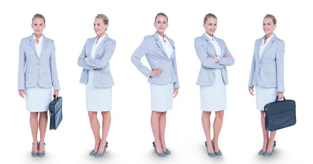 Digital composite of Multiple image of confident businesswoman carrying briefcase