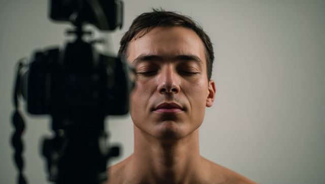 Bare-chested young man meditating with closed eyes and calm expression, dslr rig in foreground