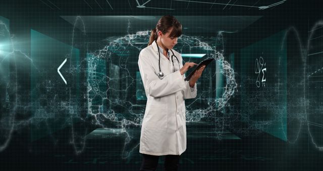 Image of female doctor using tablet with brain and medical data on screens processing in the background. Global digital network science and medicine concept digitally generated image.