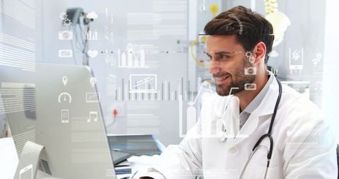 Doctor analyzing digital health data at workstation with futuristic medical analytics overlay