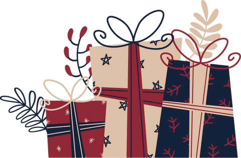 Festive gift boxes with bows and foliage on transparent background