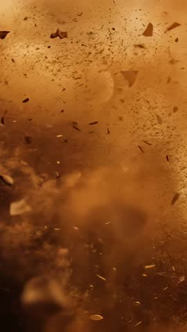Vertical amber dust storm macro video, swirling particles and glowing bokeh with depth