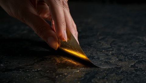 Hand peeling black layer revealing gold foil glow on cracked dark surface