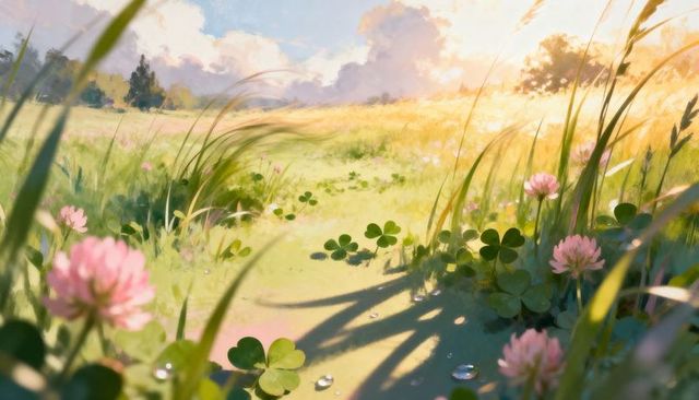 Sunlit meadow path with dewy clover and pink wildflowers in pastel painterly countryside
