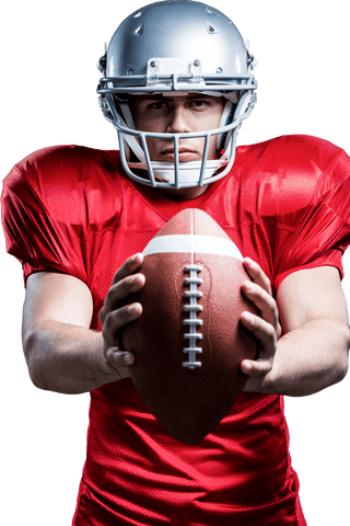 Transparent american football player in red uniform holding ball