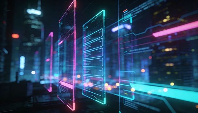 Neon holographic ui panels hovering above rooftop displaying futuristic code interfaces