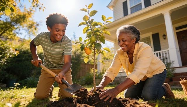 African american grandmother and grandson planting fruit tree in sunny front yard