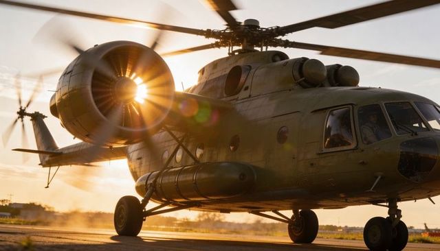 Sunlit Military Helicopter Spinning Rotors on Runway with Crew in Flight Suits
