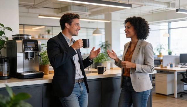 Coworkers Discussing Over Coffee in Modern Office Kitchen Bar, Casual Business Chat