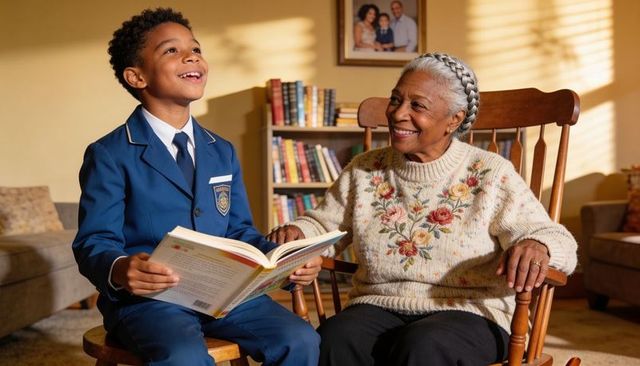 Schoolboy reading in blue uniform with grandmother smiling in cozy home library