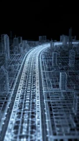 Advancing neon cyber highway revealing cyan wireframe city blueprint vertical video