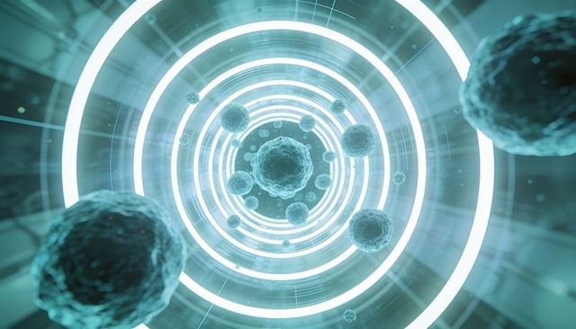 Glowing concentric tunnel with floating cells for biotech nanotech scientific visualization