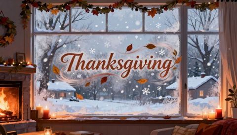 Cozy fireplace window framed with fall garland and thanksgiving lettering over snowy village