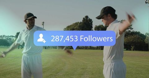 Cricketers stretching on field displaying social media followers overlay 287,453