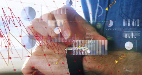 Businessman Using Smartwatch with Financial Data Overlay