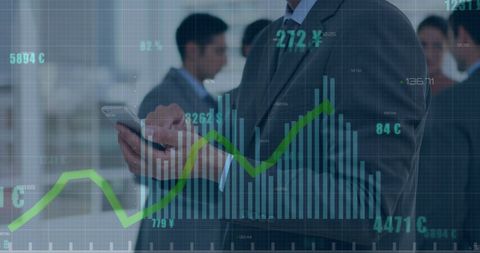 Businessman Analyzing Stock Market on Smartphone with Data Overlay - Download Free Stock Images Pikwizard.com