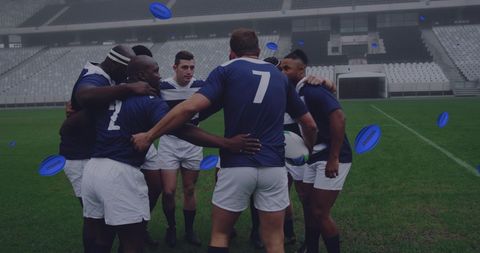 Rugby Team Strategizing on Field Amidst Digital Effects