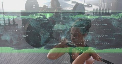 Mid-adult woman lifting barbell with world map overlay double exposure